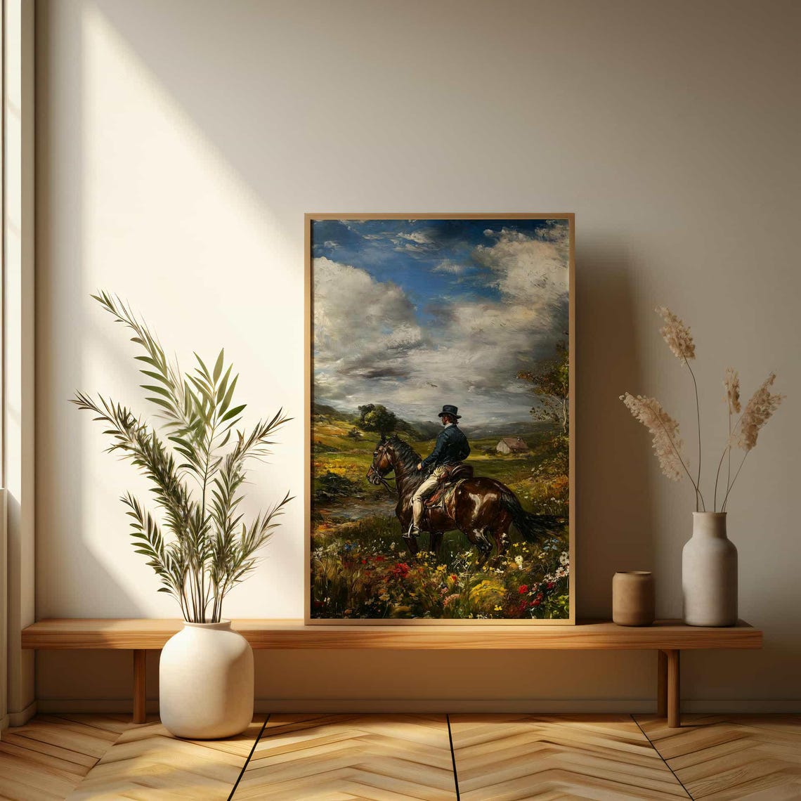Vintage Equine Art Poster Serene Oil Painting Of Horse Rider In Scenic Landscape - Image 3