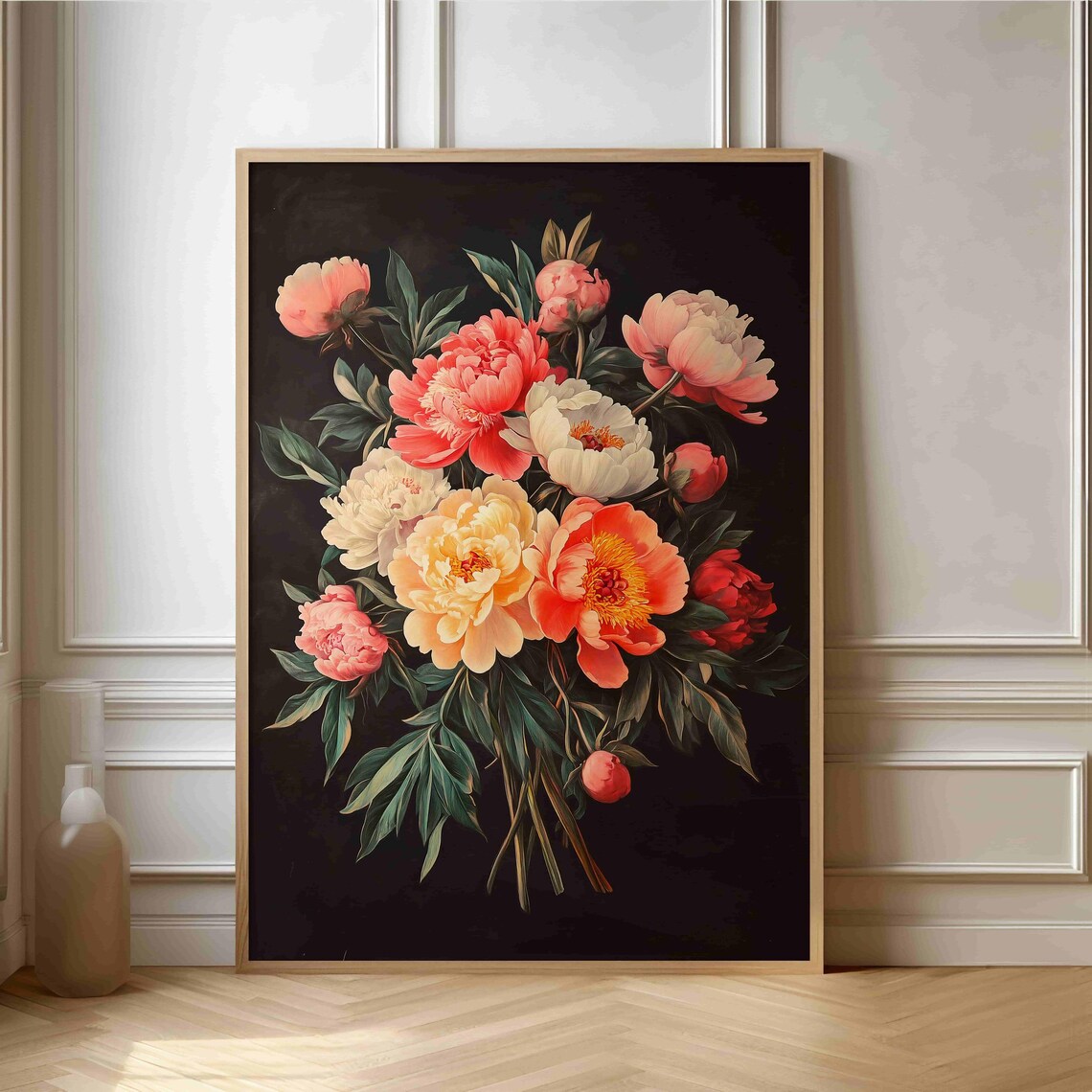 Coral Peony Bouquet On Black Vintage Botanical Still Life Art Print