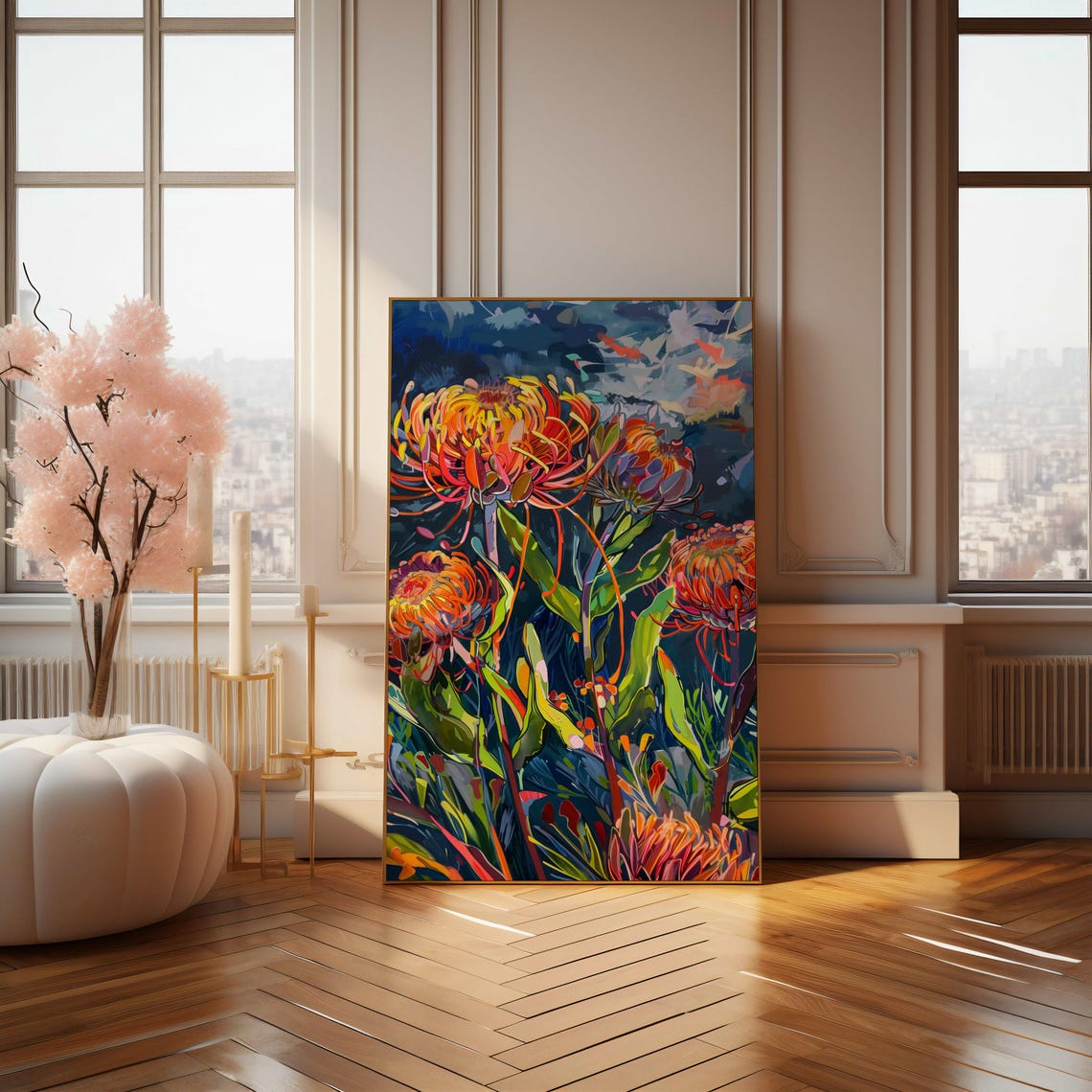 Fiery Protea Pincushion Flowers Night Sky Expressionist Poster - Image 4