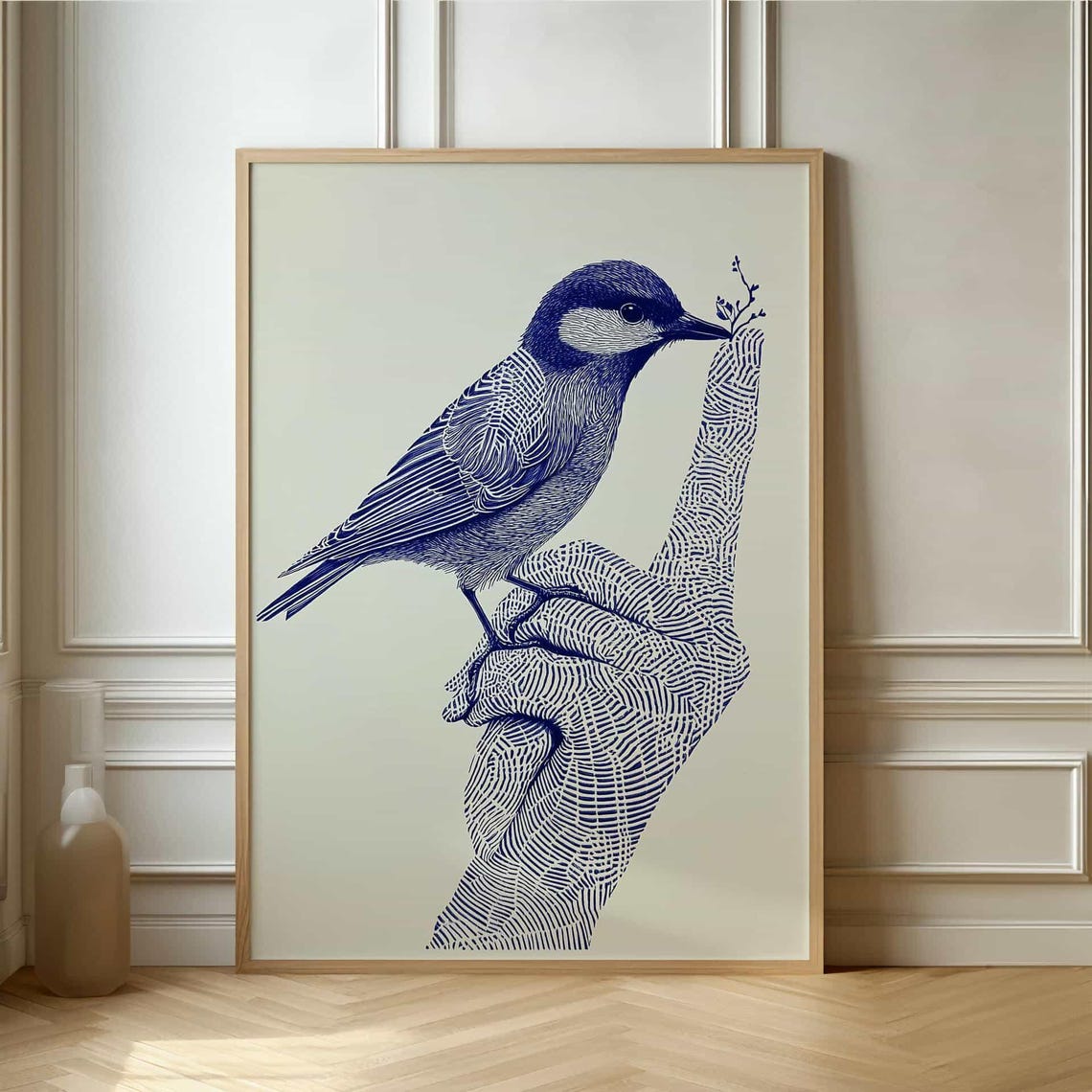 Songbird Perched on a Hand Indigo Ink Line Drawing Art Poster
