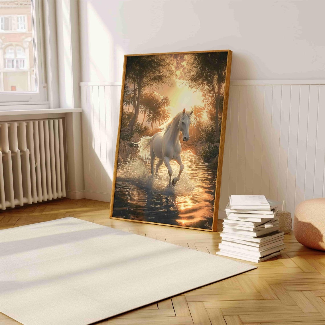 White Horse Galloping Through Water At Golden Sunset Scene Poster - Image 5
