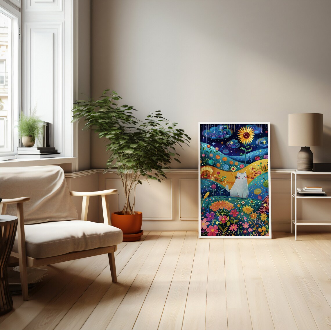 Whimsical Cat Fantasy Garden Night Scene Art Print - Image 4