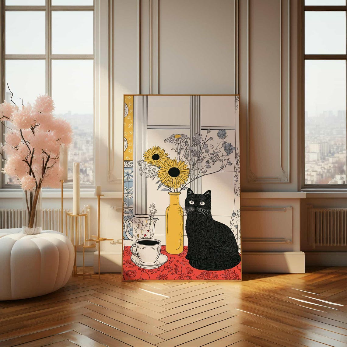 Black Cat with Coffee and Sunflowers Charming Window Scene Poster - Image 4