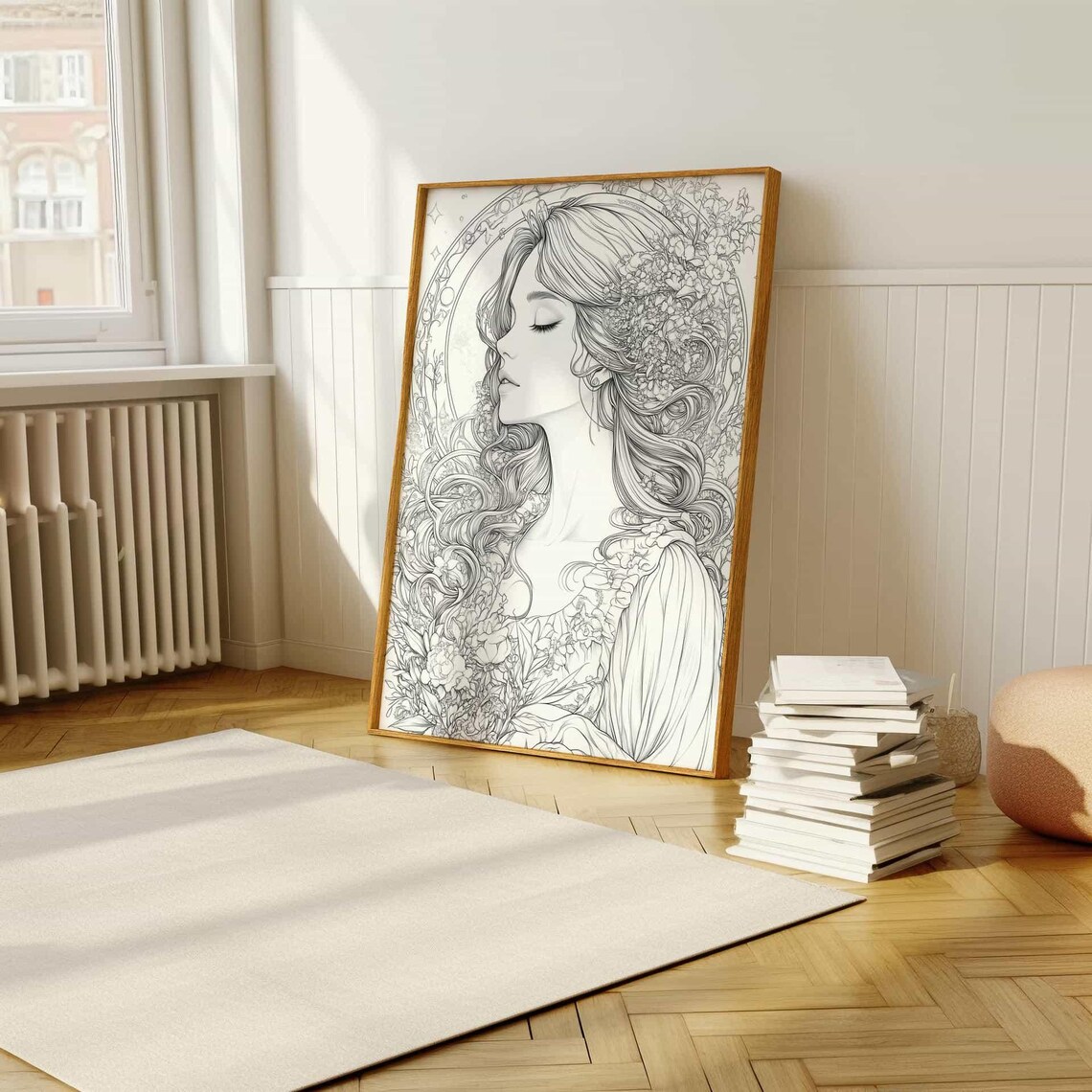 Art Nouveau Line Art Woman Profile With Flowing Floral Hair Poster - Image 5