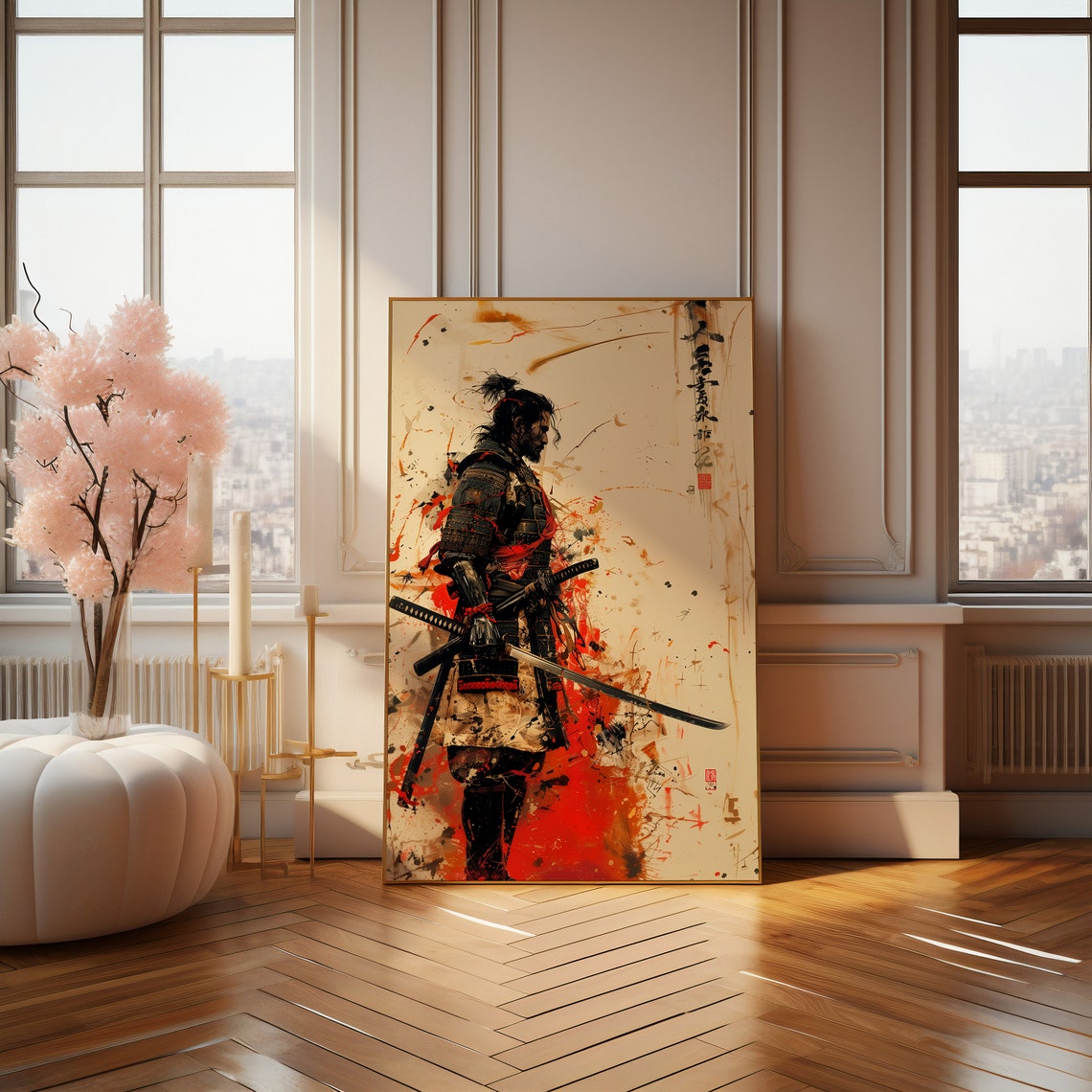 Samurai Warrior With Katana in Red and Black Ink Splash Art Poster - Image 2