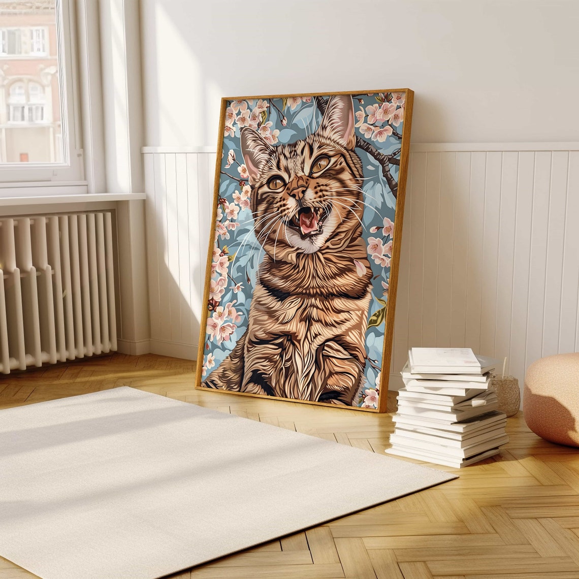 Playful Tabby Cat With Cherry Blossom Background Illustration Poster - Image 5
