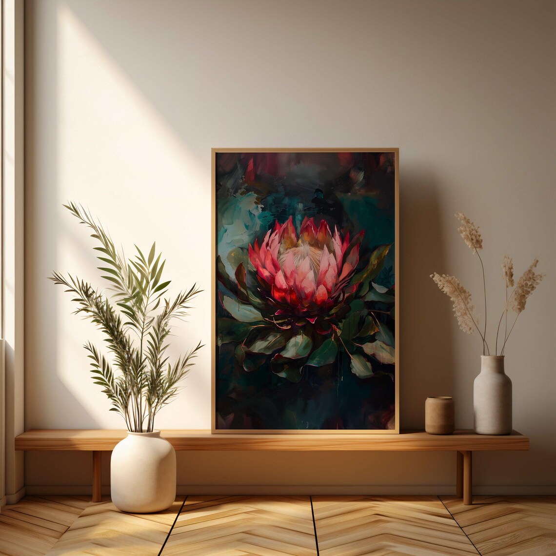 Pink Protea Blossom Oil Painting on Moody Teal Backdrop Poster - Image 3
