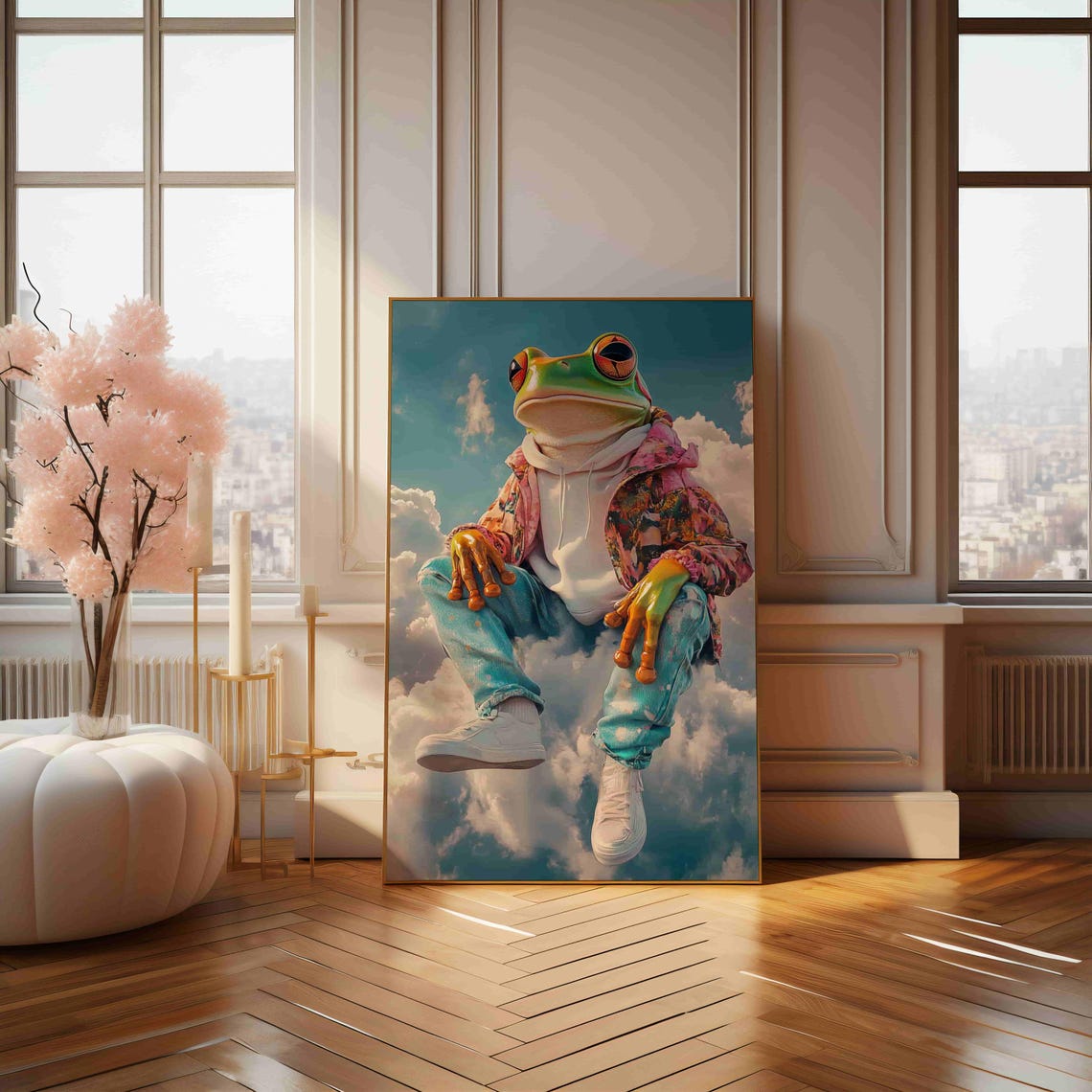 Funky Frog In Hoodie Sitting On Cloud Surreal Whimsical Art Poster - Image 4