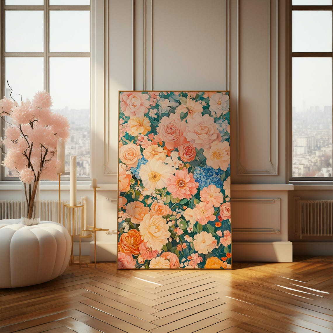 Peach Roses and Peonies Dense Floral Pattern Botanical Wall Poster - Image 4