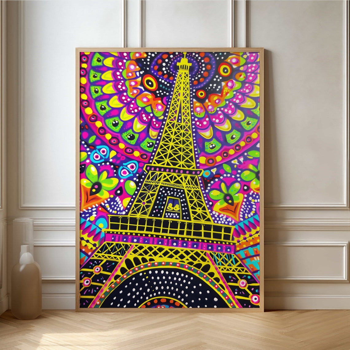 Eiffel Tower Psychedelic Neon Mandala Parisian Pop Art Poster
