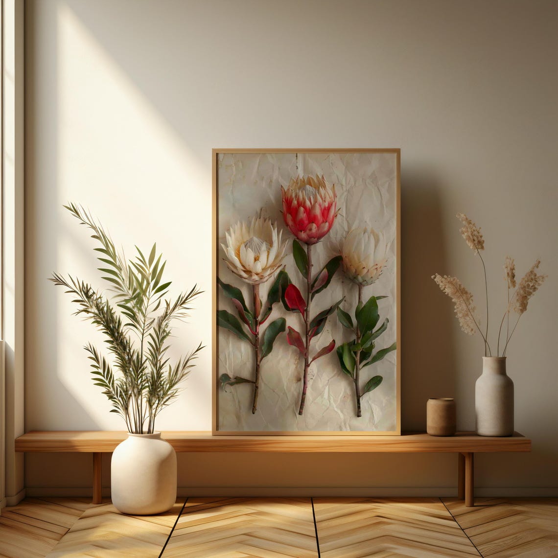 White And Red King Protea Blooms Crumpled Paper Style Art Print - Image 3