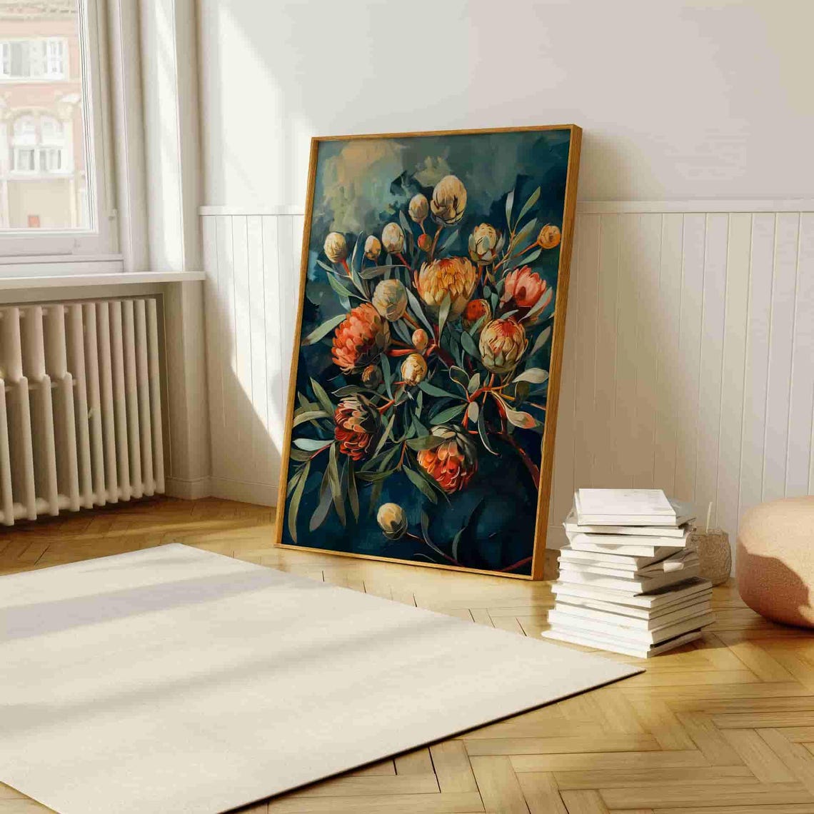 Orange Protea Buds Bouquet on Deep Teal Painterly Art Decor Poster - Image 4