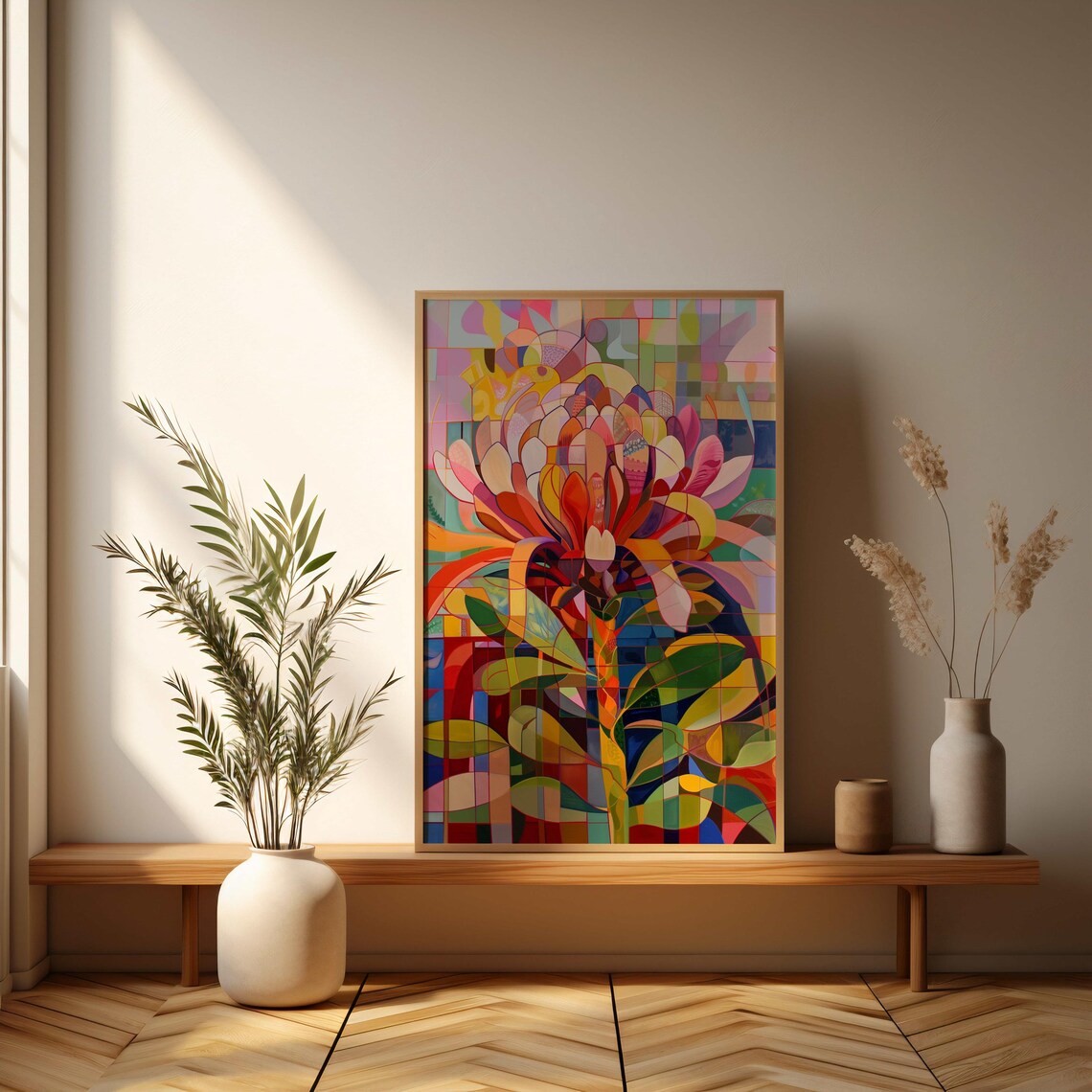 Mosaic Stained Glass Style Protea Flower Colorful Art Poster - Image 3