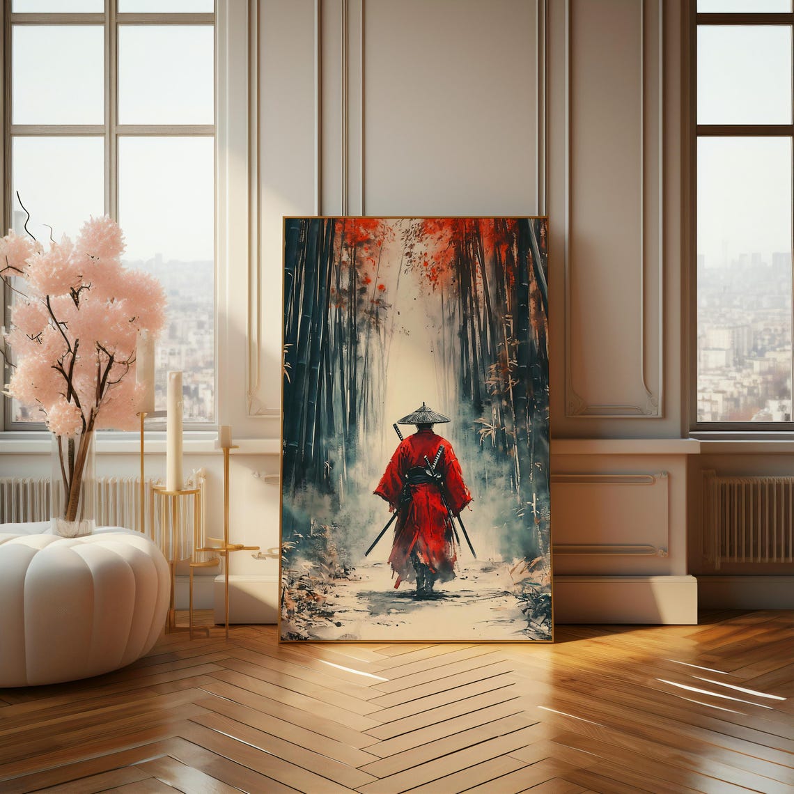 Samurai In Red Robe Walking Through Misty Bamboo Forest Asian Poster - Image 4