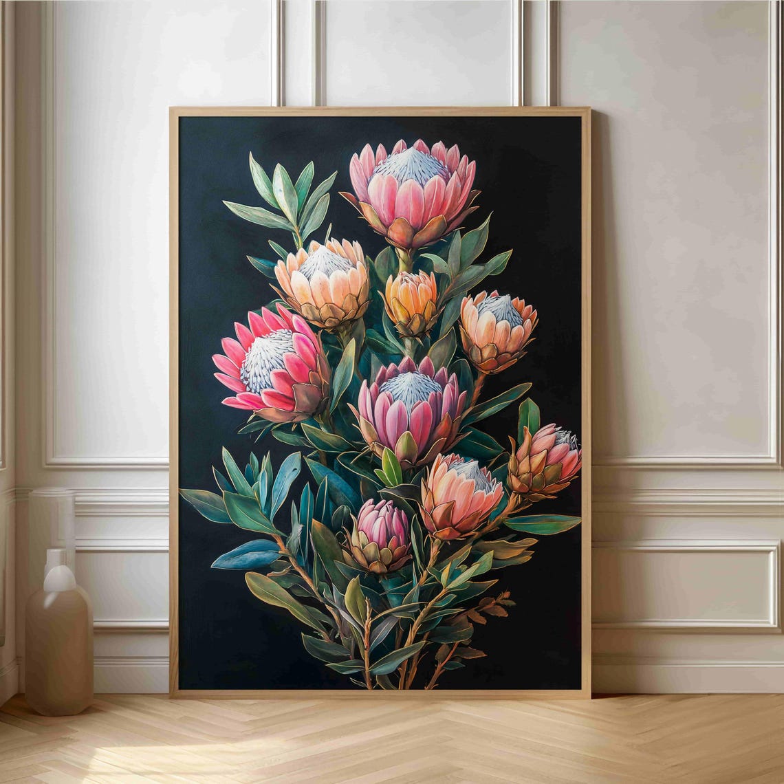 King Protea Flowers Bouquet On Black Exotic Botanical Art Print