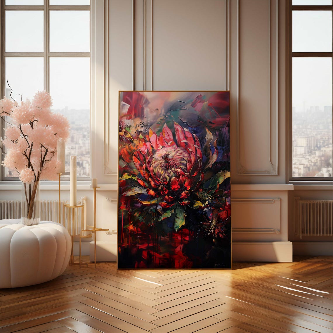 Red King Protea Thick Impasto Brushwork on a Moody Dark Poster - Image 4