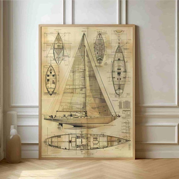 Nautical Blueprint Poster Vintage Sailing Yacht Design Art For Maritime Enthusiasts