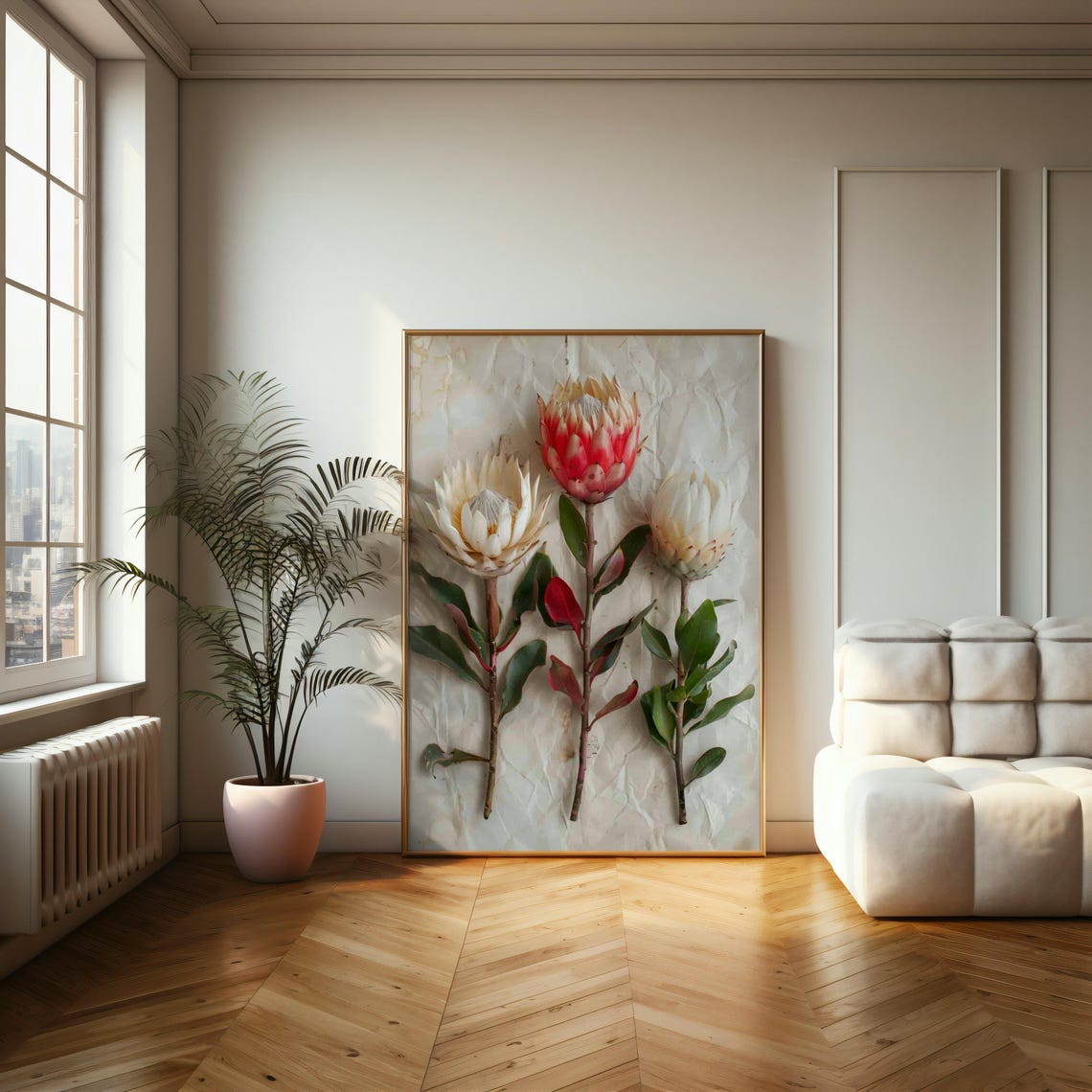 White And Red King Protea Blooms Crumpled Paper Style Art Print - Image 2