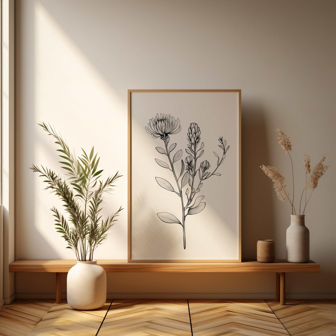 Protea Stems And Buds Pencil Sketch Black White Botanical Art Poster - Image 3