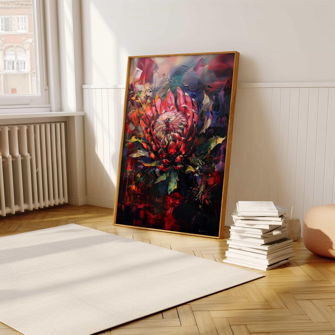 Red King Protea Thick Impasto Brushwork on a Moody Dark Poster - Image 5