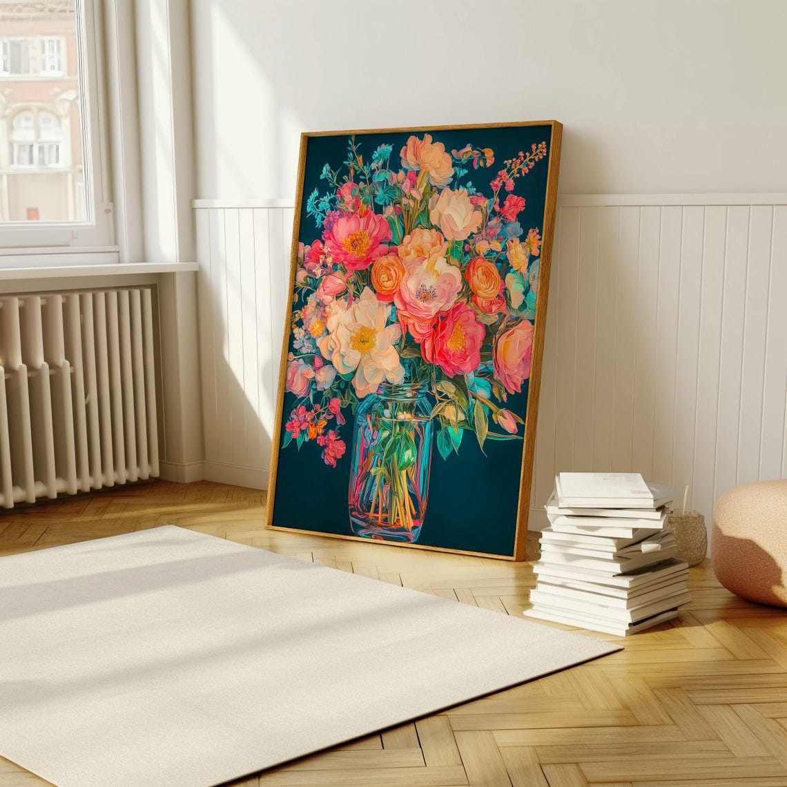 Vibrant Flower Bouquet in Glass Jar on Dark Teal Floral Poster Art - Image 5