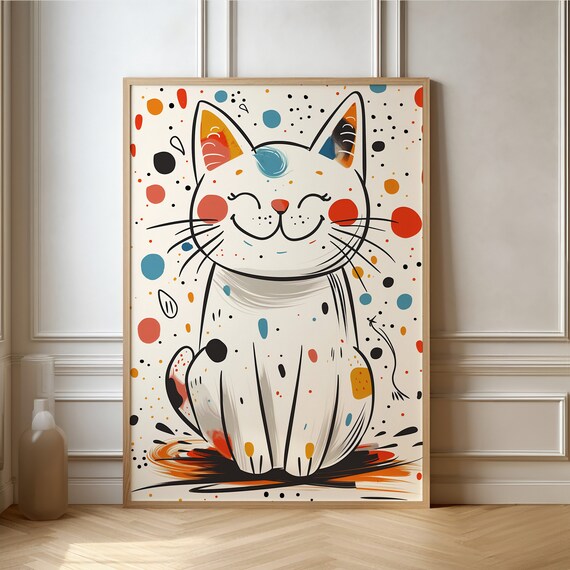 Smiling White Cat With Colorful Polka Dots Whimsical Art Poster