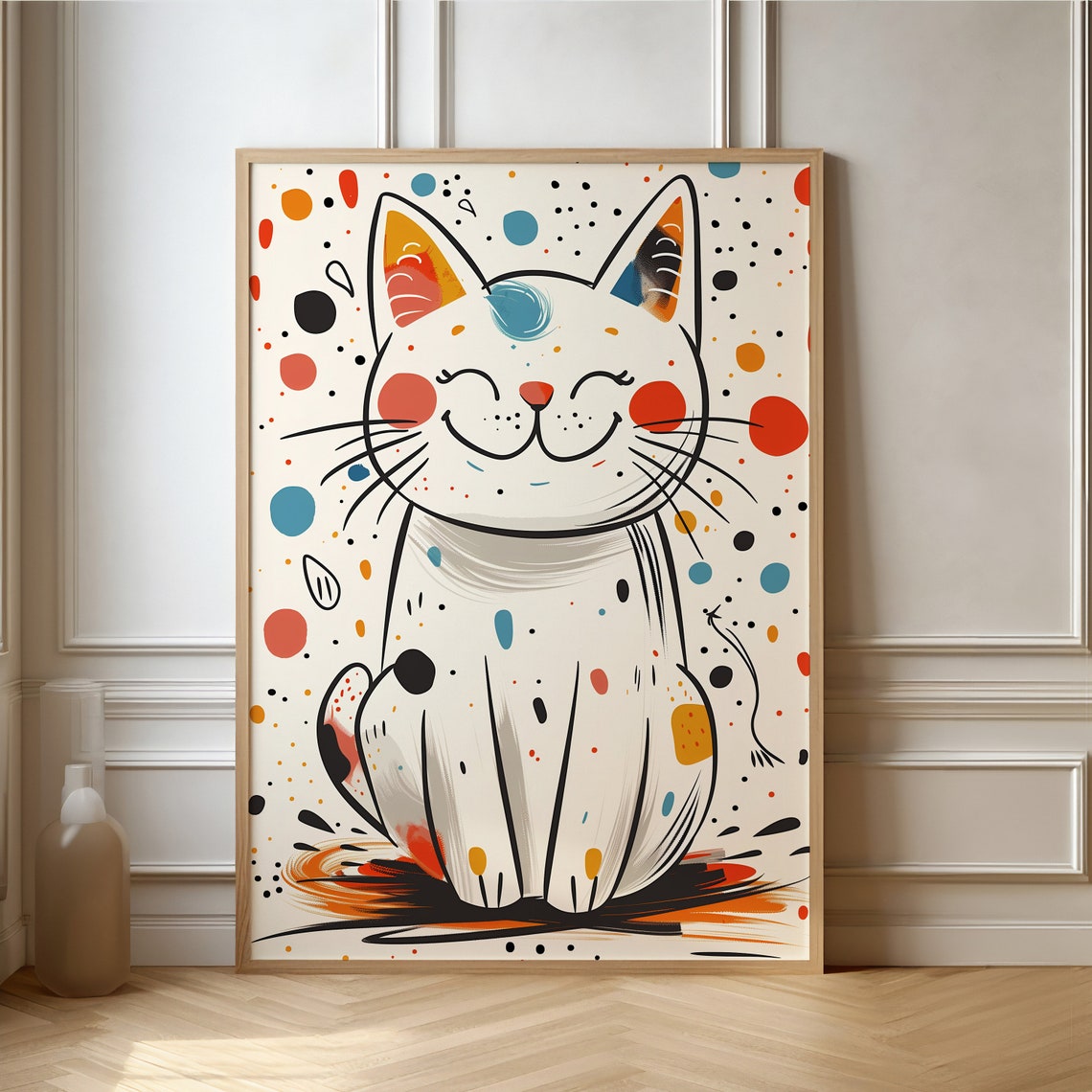 Smiling White Cat With Colorful Polka Dots Whimsical Art Poster