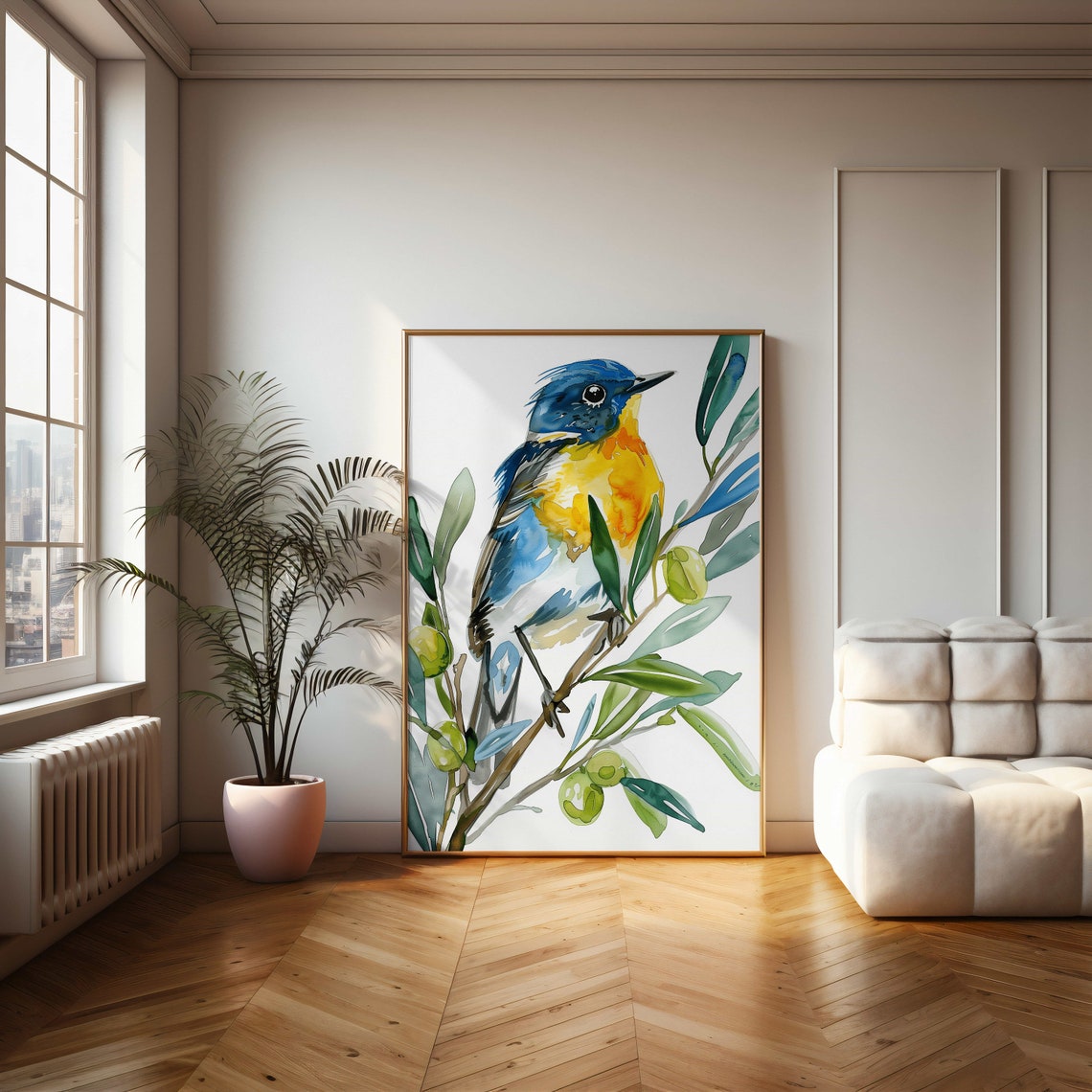 Blue and Yellow Songbird Perched on an Olive Branch Art Poster - Image 2