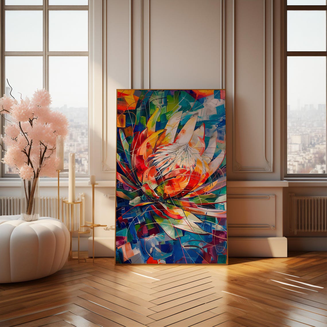 Abstract Cubist Protea Burst Orange Blue Geometric Art Poster - Image 4