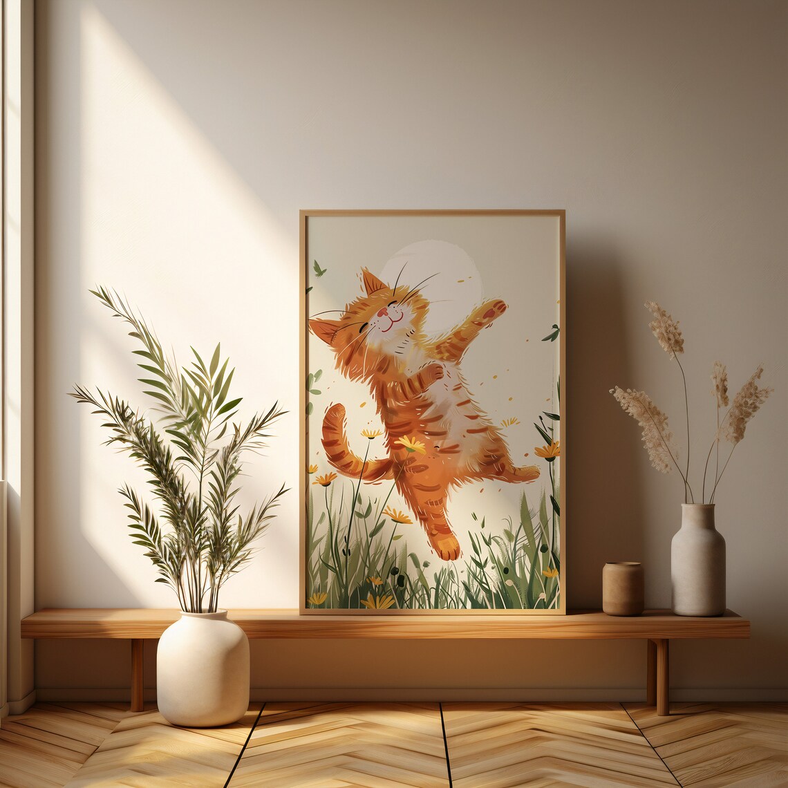 Joyful Ginger Cat Dancing in a Sunny Flower Meadow Art Poster - Image 3