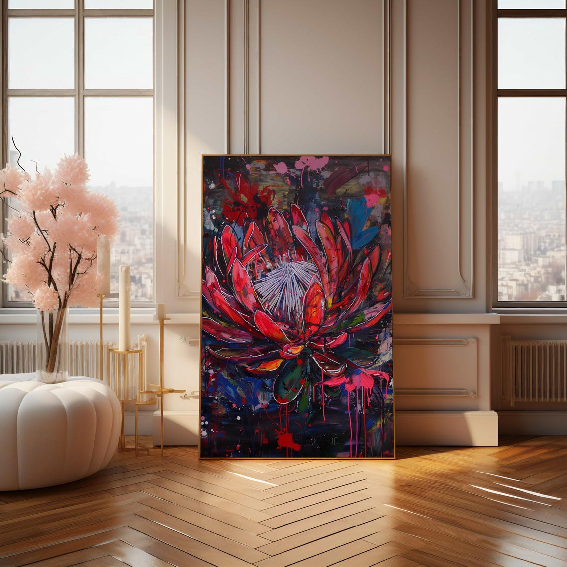 Dark Moody Red Protea Graffiti Street Art With Paint Drips Poster - Image 2