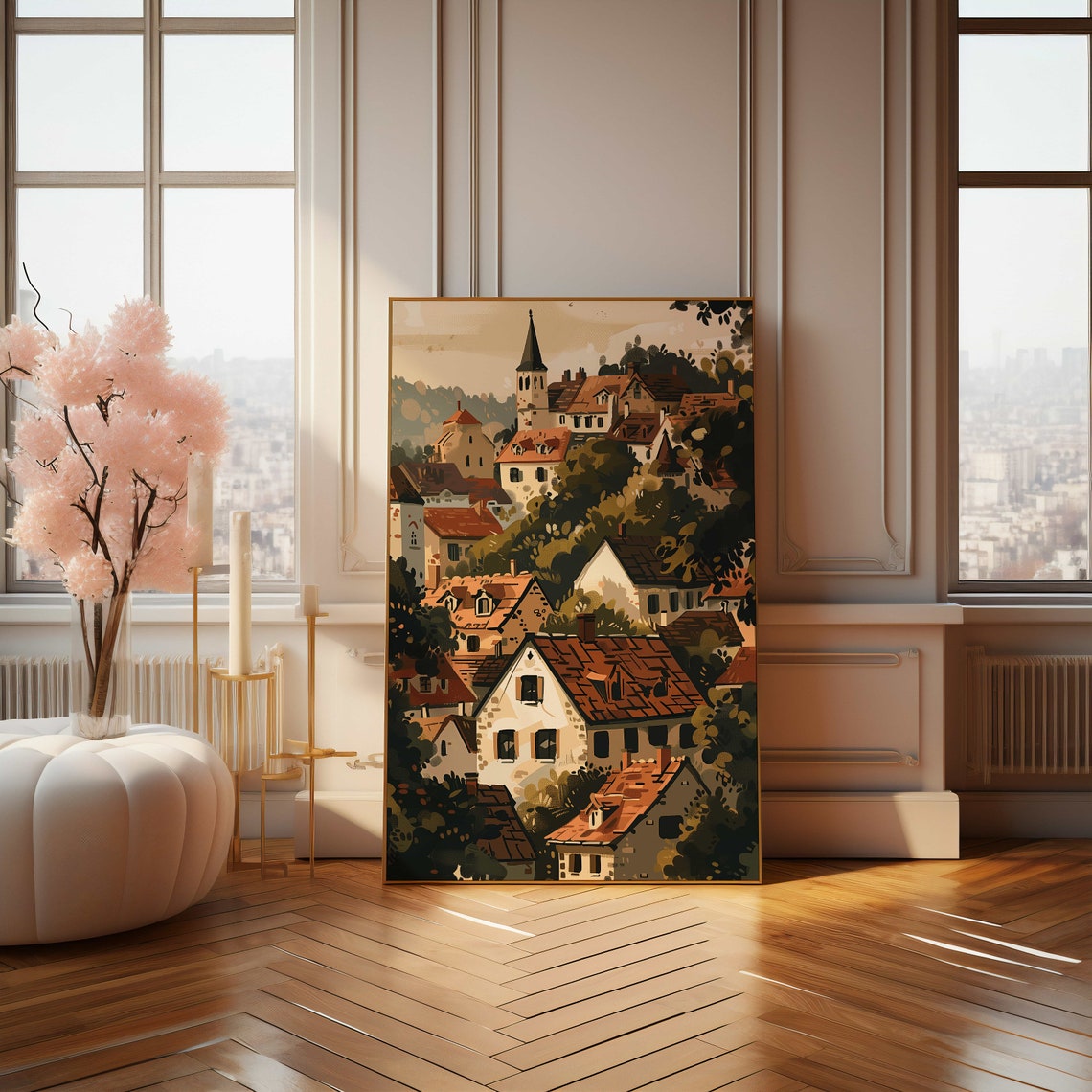 Cozy European Hillside Village Church Steeple Illustration Poster - Image 4