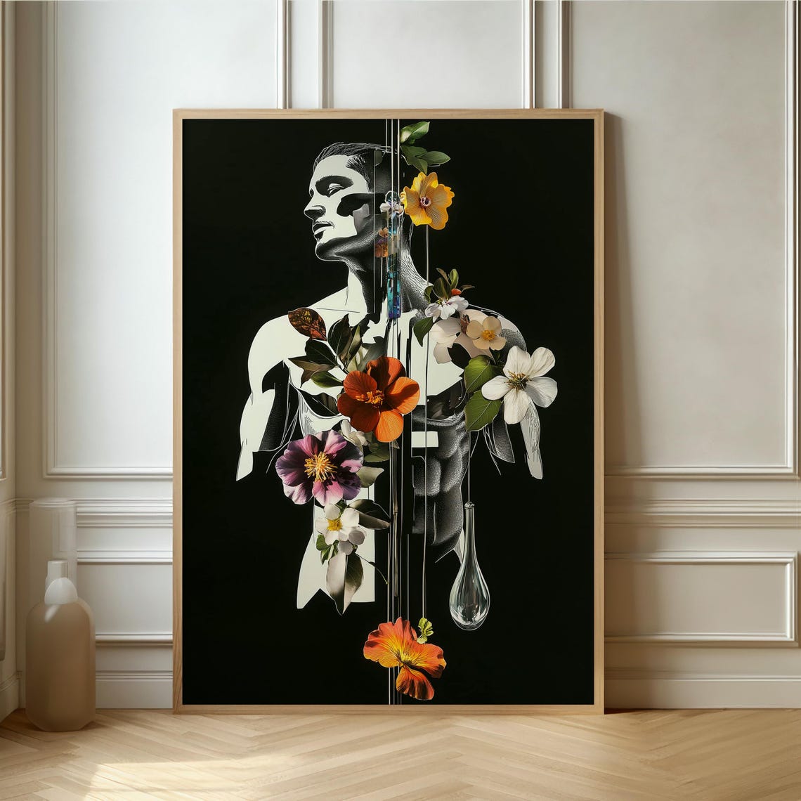 Surreal Floral Male Torso Silhouette Collage Art on Black Poster