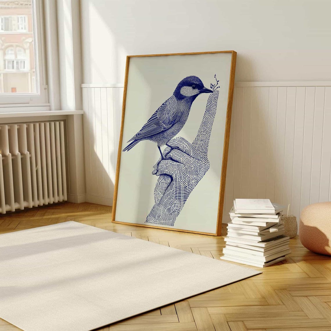 Songbird Perched on a Hand Indigo Ink Line Drawing Art Poster - Image 3