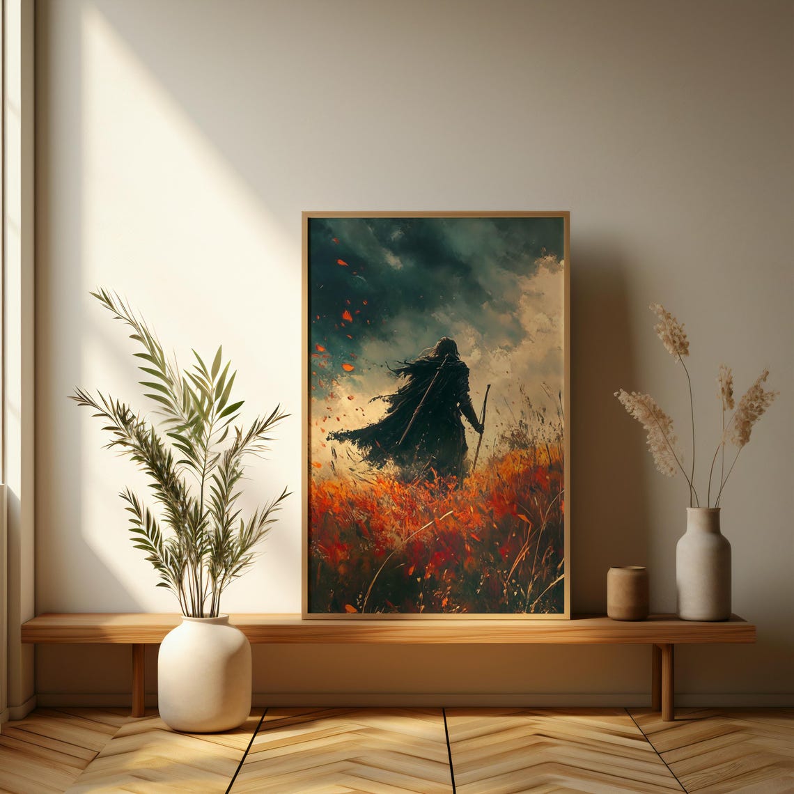 Dark Fantasy Warrior Walking Through Fiery Field Epic Art Poster - Image 3