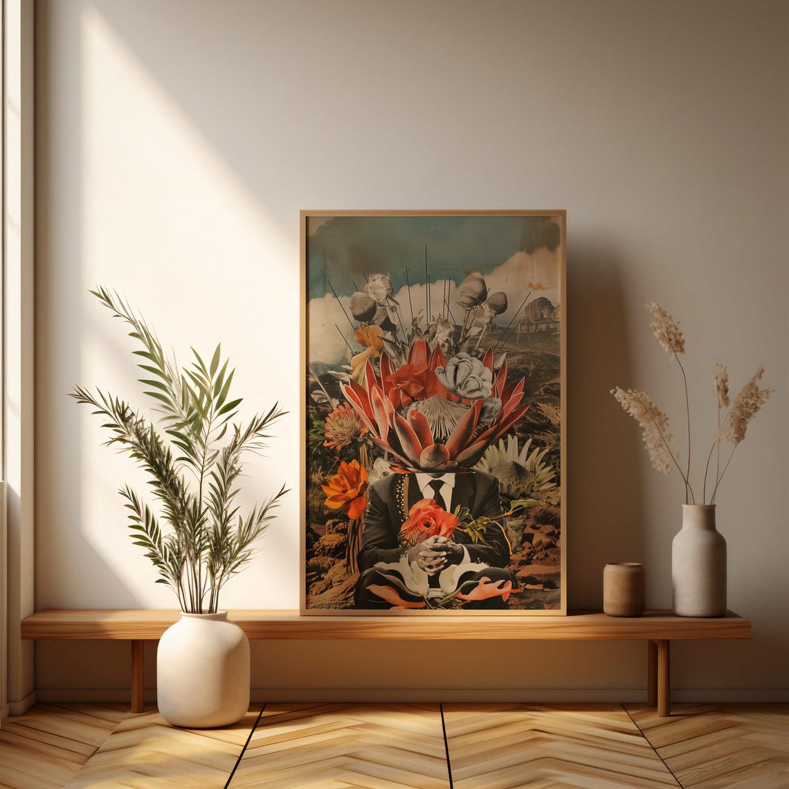 Surrealist Protea Head Collage Man In Dark Suit Dream Art Poster - Image 3