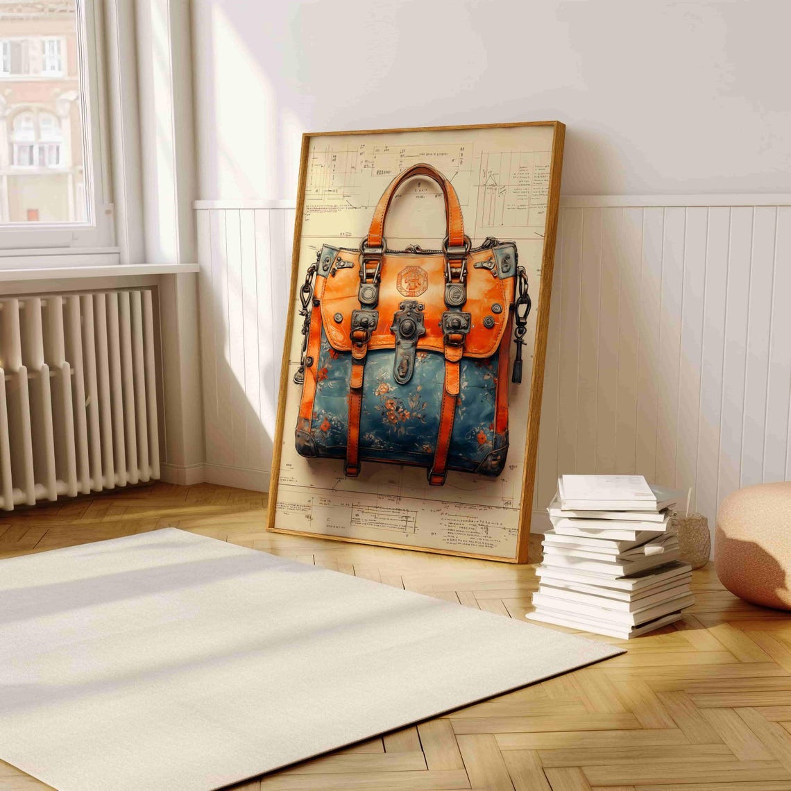 Steampunk Leather Satchel Floral Pattern Blueprint Drawing Wall Print - Image 5
