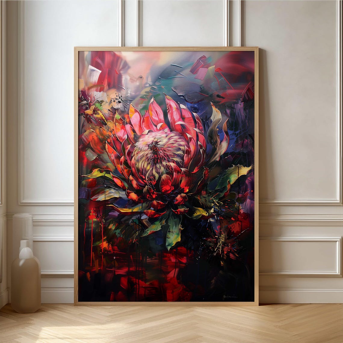 Red King Protea Thick Impasto Brushwork on a Moody Dark Poster