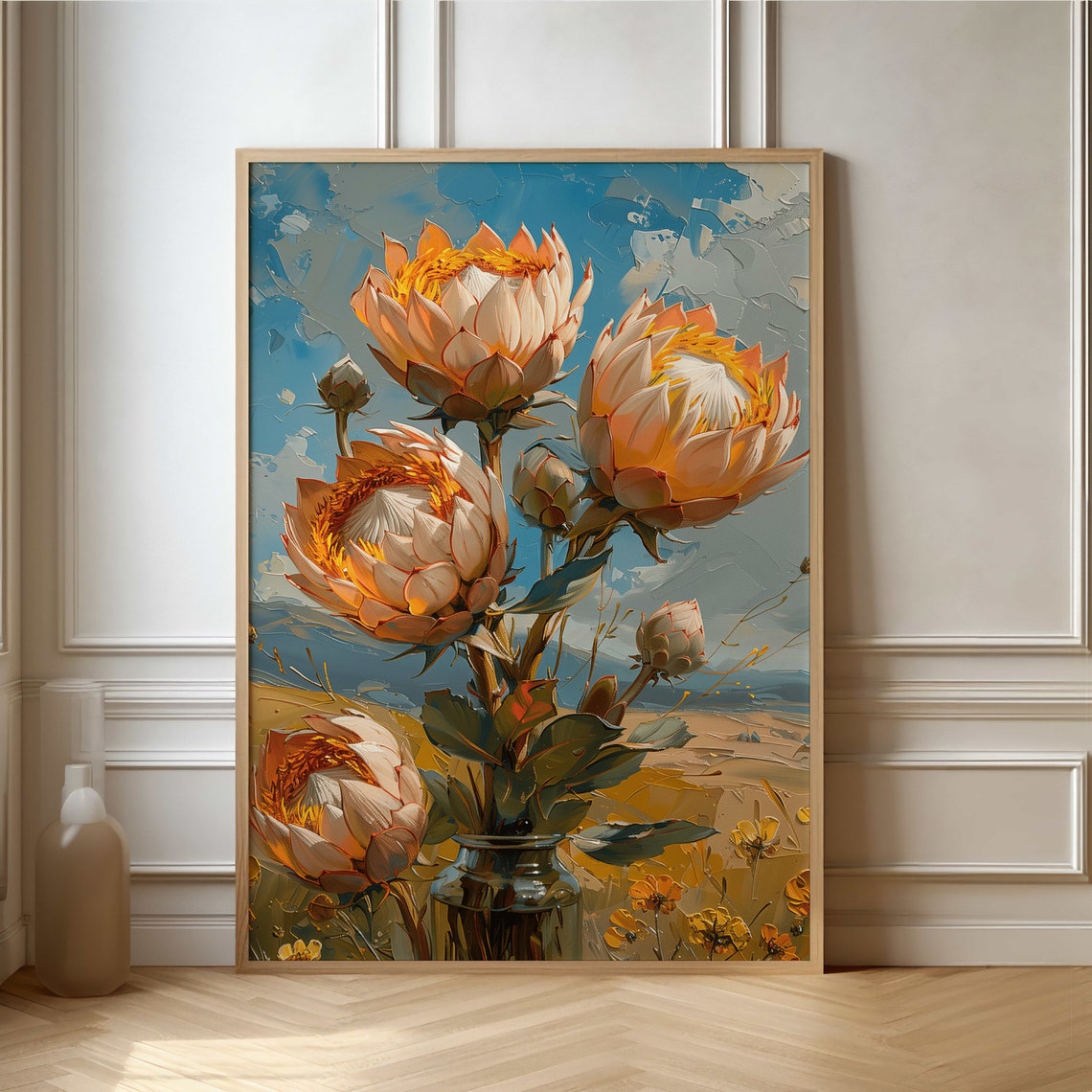 Peachy Protea Bouquet in a Vase Textured Oil Painting Poster