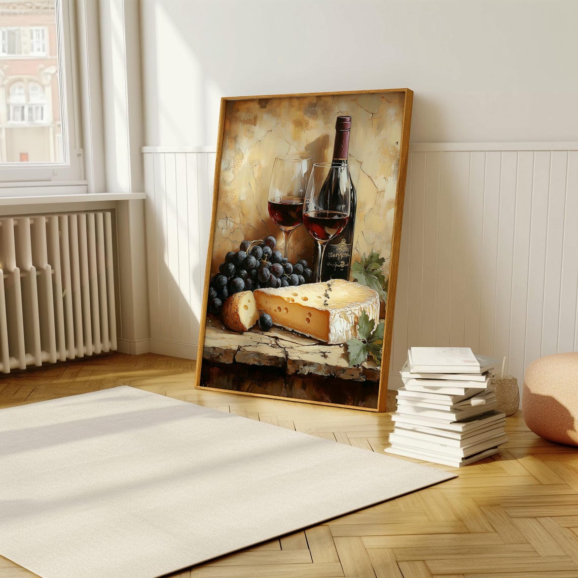 Red Wine Brie Cheese and Grapes Still Life Oil Painting Poster - Image 5