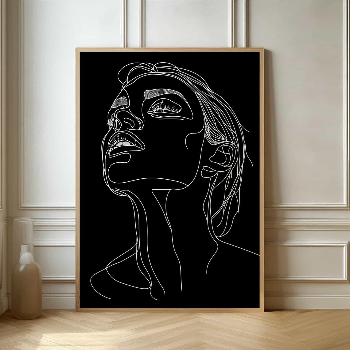 Minimalist Black And White Single Line Woman Face Looking Up Wall Art