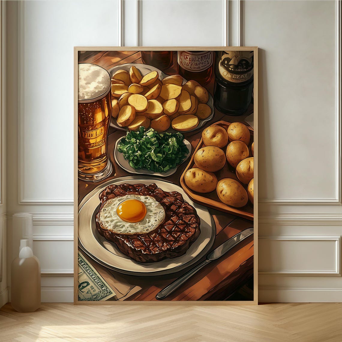 Gourmet Meal Wall Art Steak With Egg And Beer Still Life Perfect For Modern Kitchen And Dining Room Aesthetics