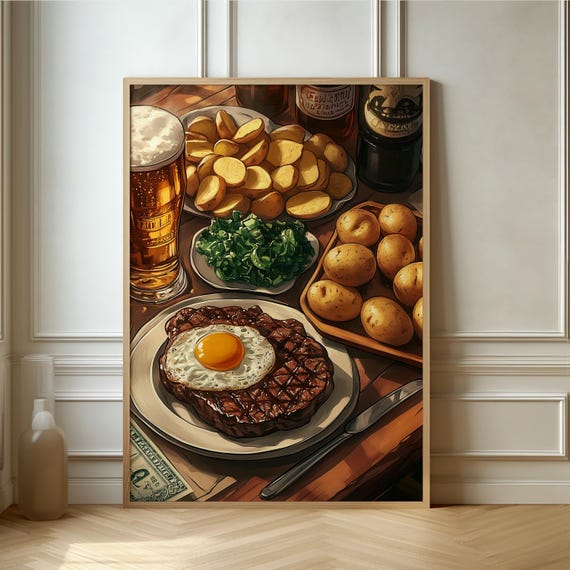 Gourmet Meal Wall Art Steak With Egg And Beer Still Life Perfect For Modern Kitchen And Dining Room Aesthetics