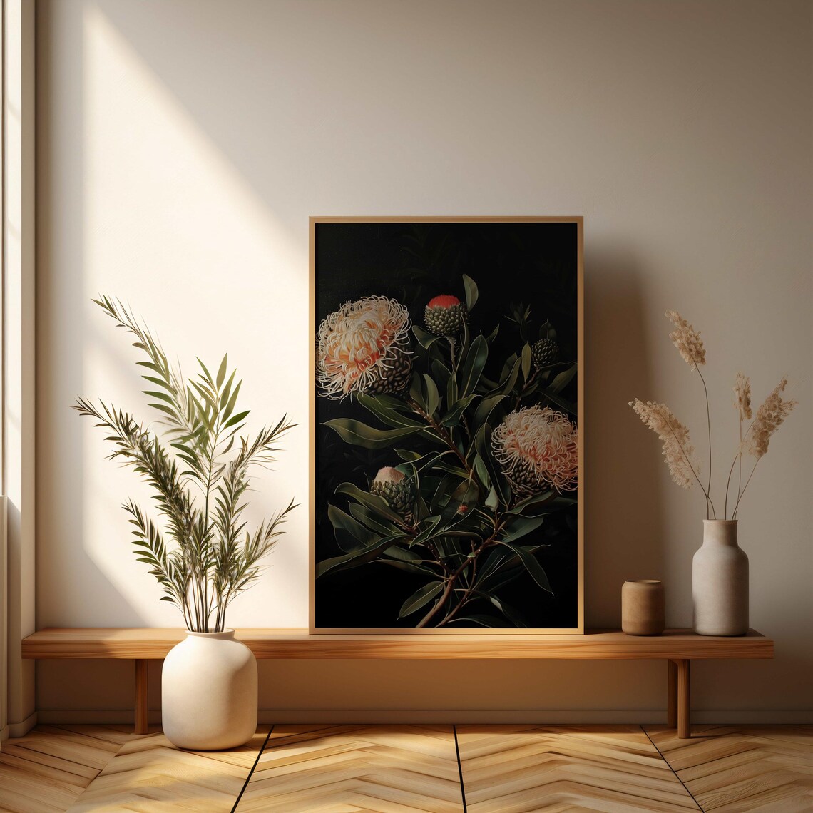 Cream Pincushion Protea Black Still Life Oil Painting Poster - Image 3