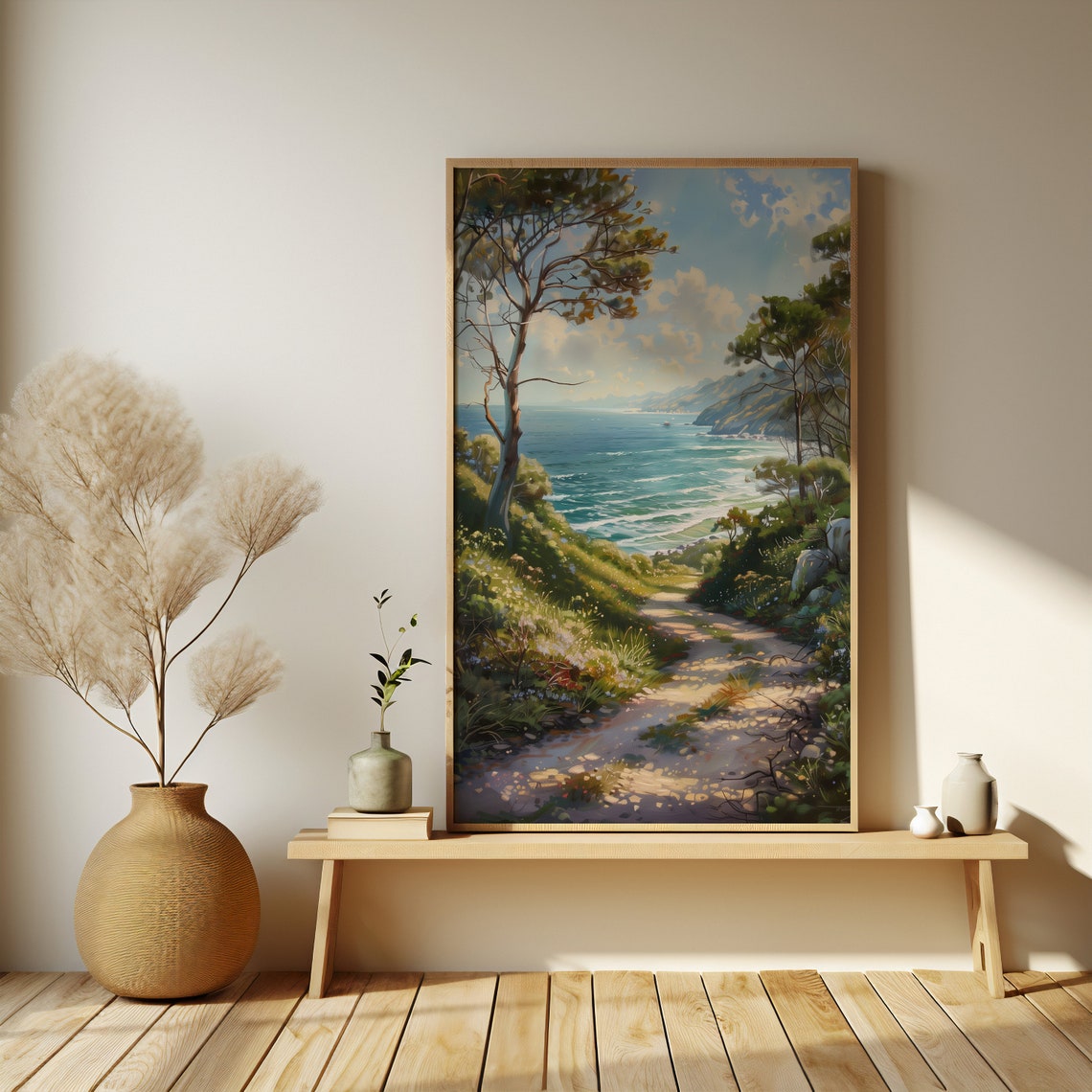 Sunlit Coastal Path Through Pines To The Sea Landscape Poster - Image 2