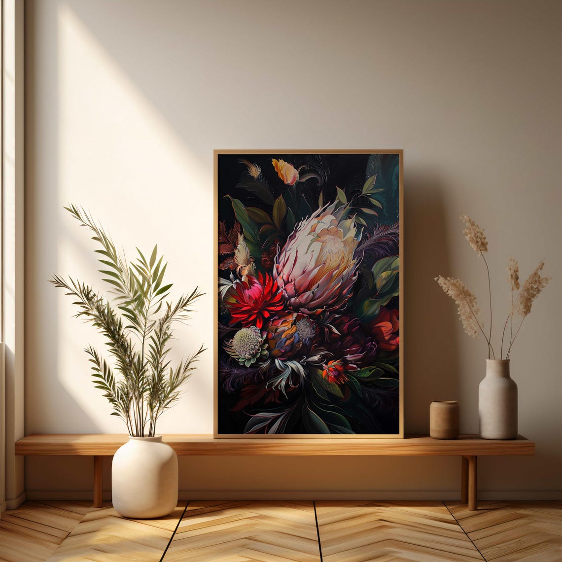 Moody Dark Botanical Bouquet with King Proteas Painting Art Poster - Image 3