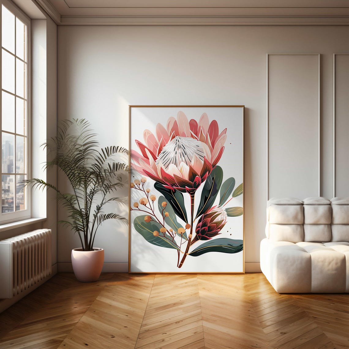 Blush Pink King Protea Stem Elegant Botanical Illustration Poster - Image 2