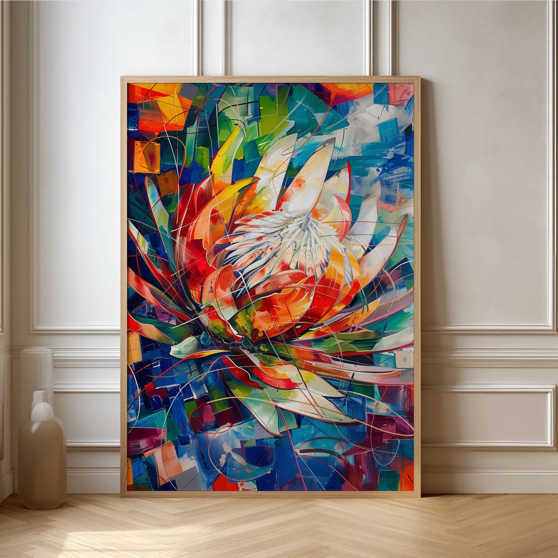 Abstract Cubist Protea Burst Orange Blue Geometric Art Poster