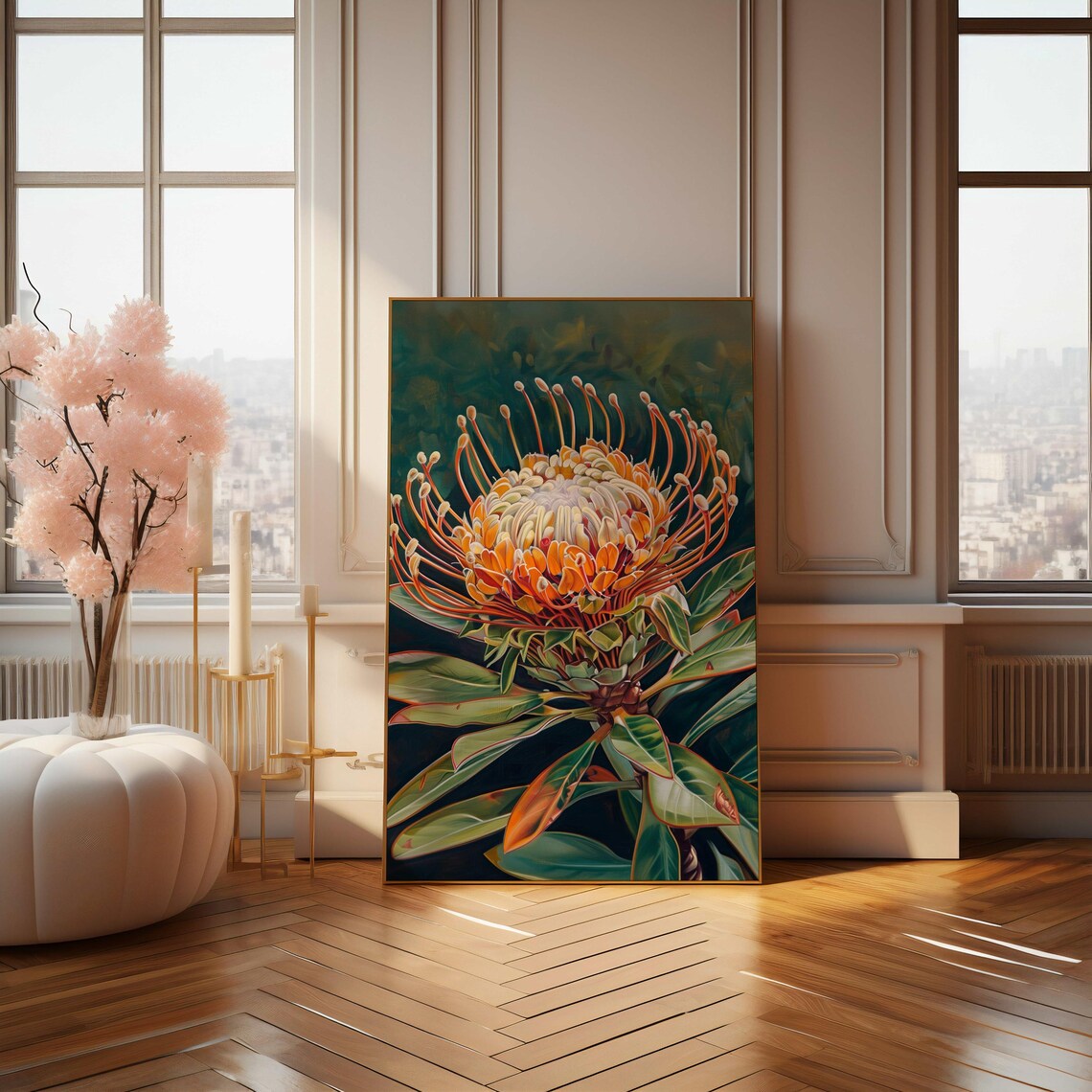 Orange Protea Flower Close-Up Dark Green Botanical Painting Poster - Image 4