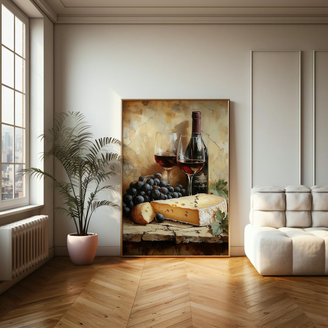 Red Wine Brie Cheese and Grapes Still Life Oil Painting Poster - Image 2